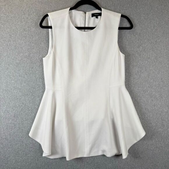 Theory Womens Size Small Sleeveless Peplum Blouse Cream Back Zipper Flowy - Picture 1 of 8